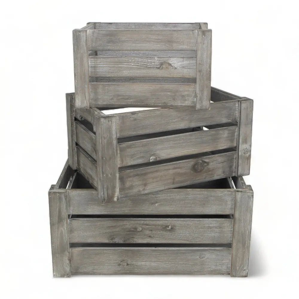 Set of Three Gray Solid Wood And Metal Crate - NOBLE HOME INTERIORS