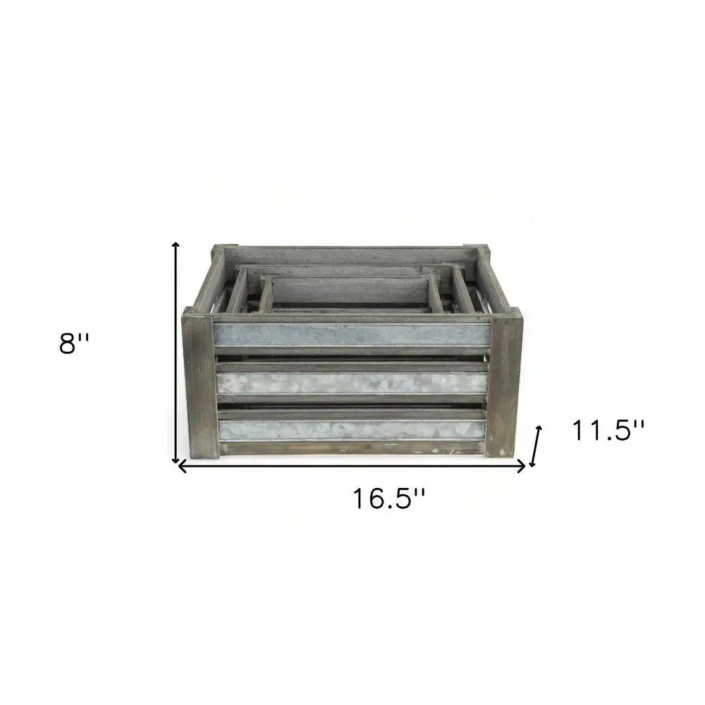Set of Three Gray Solid Wood And Metal Crate - NOBLE HOME INTERIORS