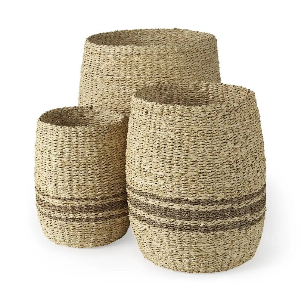 Set of Three Natural And Brown Wicker Basket - NOBLE HOME INTERIORS
