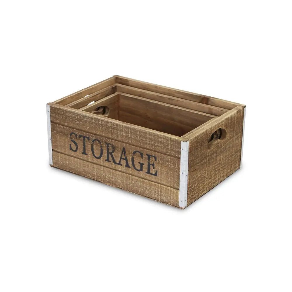 Set of Three Natural Solid Wood And Metal Crate - NOBLE HOME INTERIORS