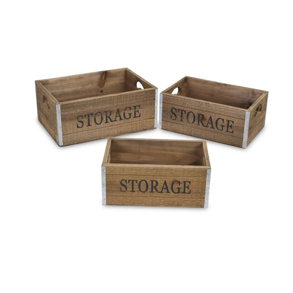 Set of Three Natural Solid Wood And Metal Crate - NOBLE HOME INTERIORS