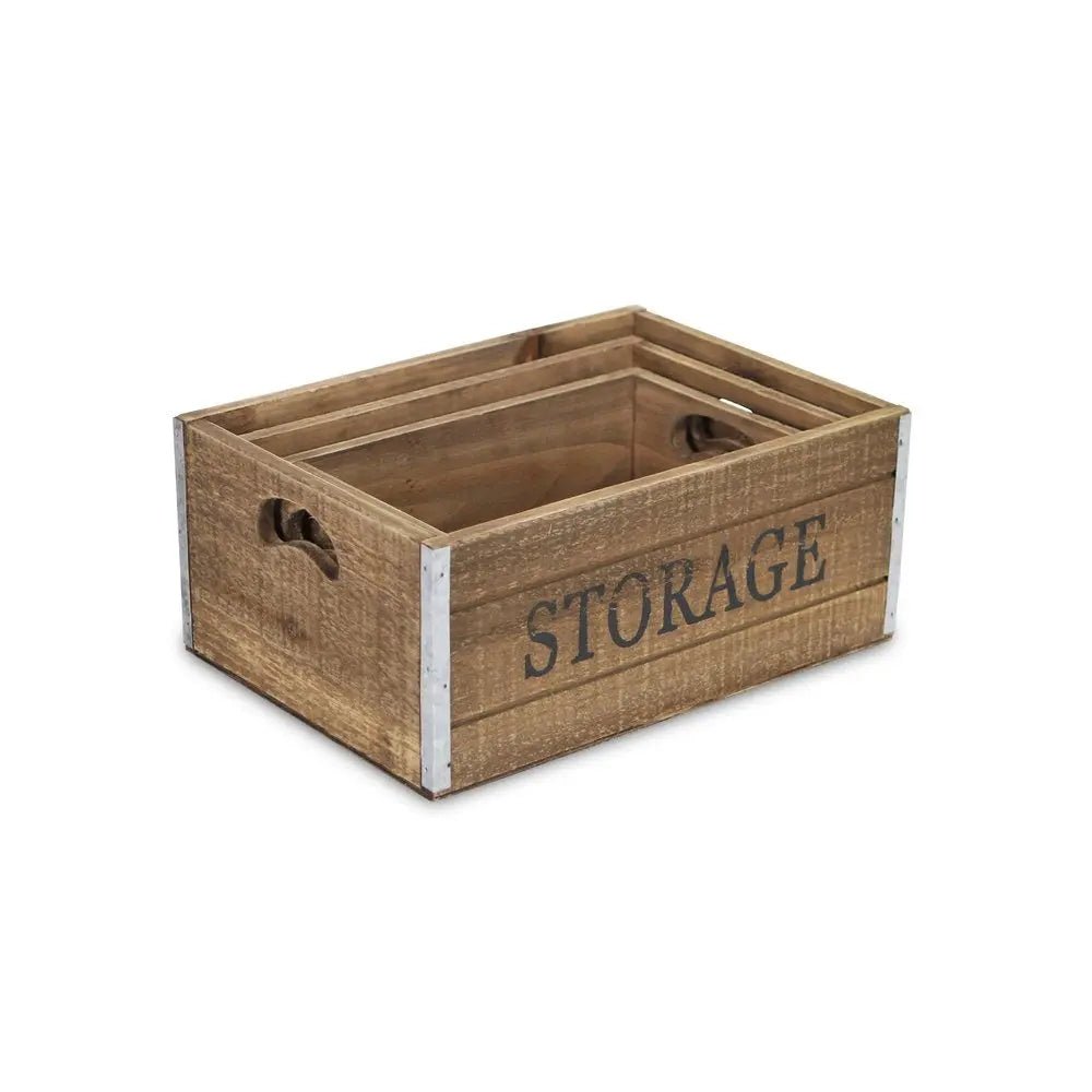 Set of Three Natural Solid Wood And Metal Crate - NOBLE HOME INTERIORS