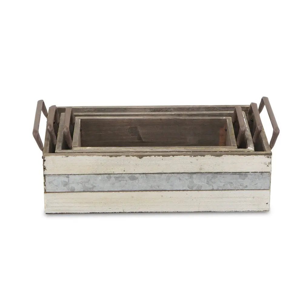 Set of Three Off White Solid Wood And Metal Crate - NOBLE HOME INTERIORS