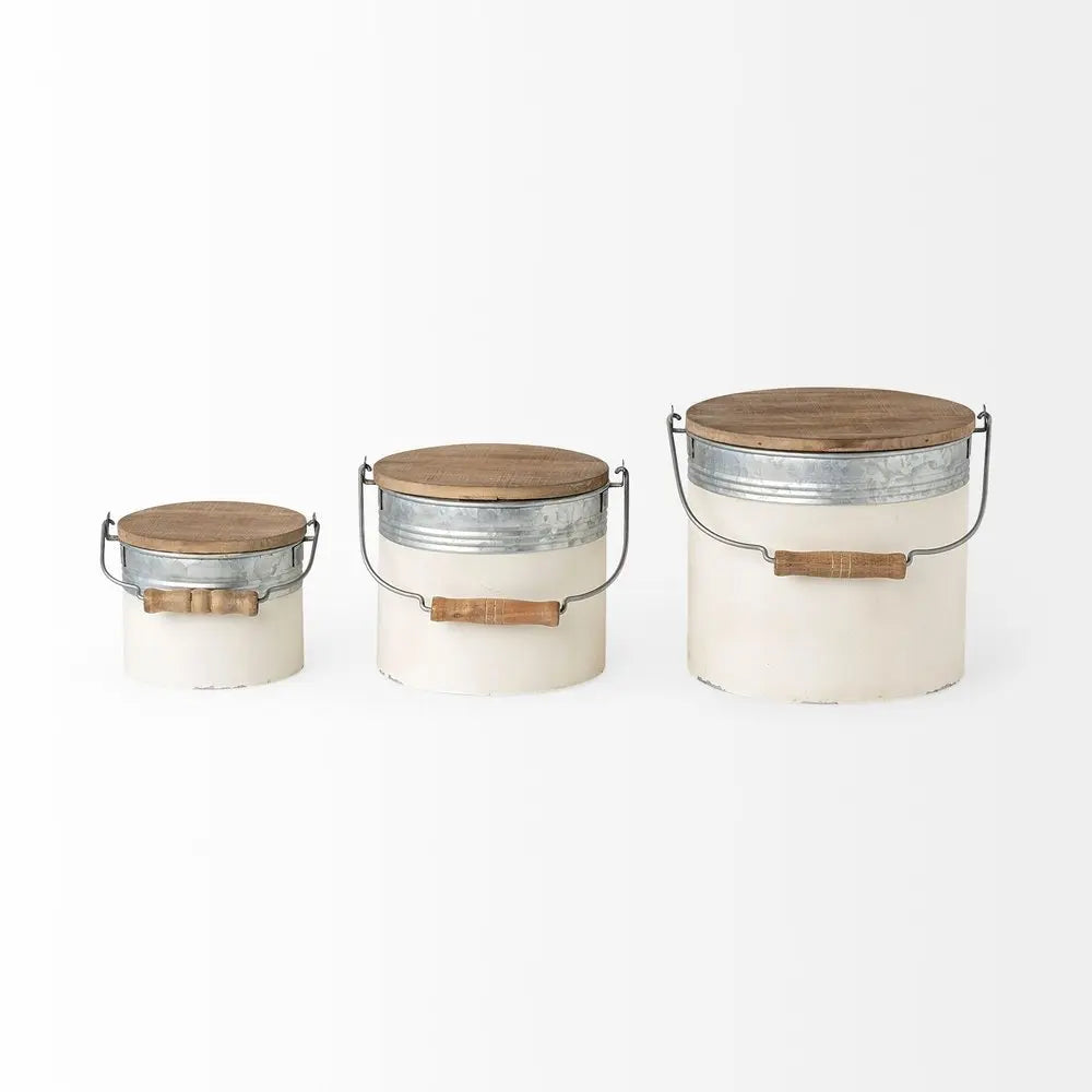 Set Of Three Rustic White Metal Storage Cans - NOBLE HOME INTERIORS