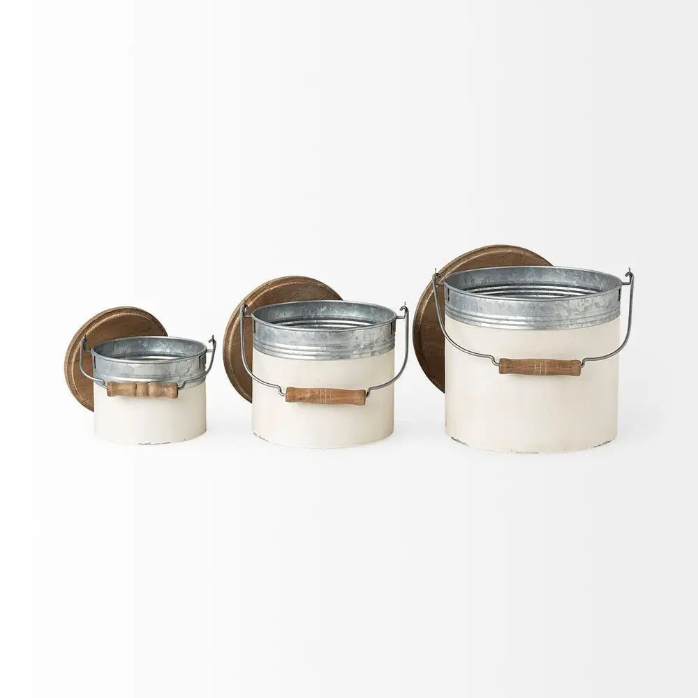Set Of Three Rustic White Metal Storage Cans - NOBLE HOME INTERIORS