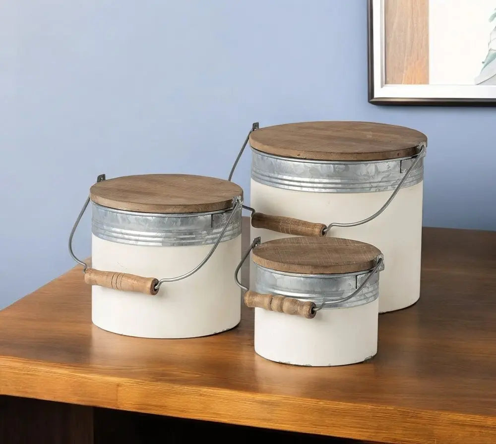 Set Of Three Rustic White Metal Storage Cans - NOBLE HOME INTERIORS