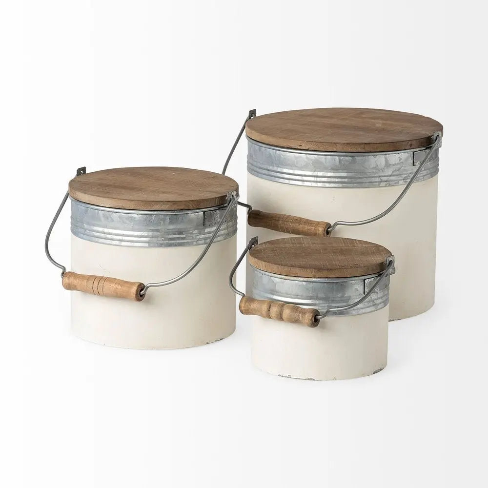 Set Of Three Rustic White Metal Storage Cans - NOBLE HOME INTERIORS