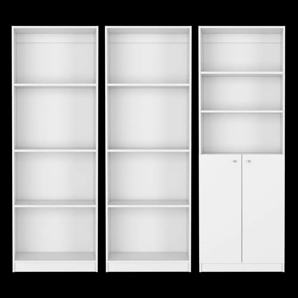Set of Three White Wood Eleven Tier Modular Bookcase with Two Doors - NOBLE HOME INTERIORS