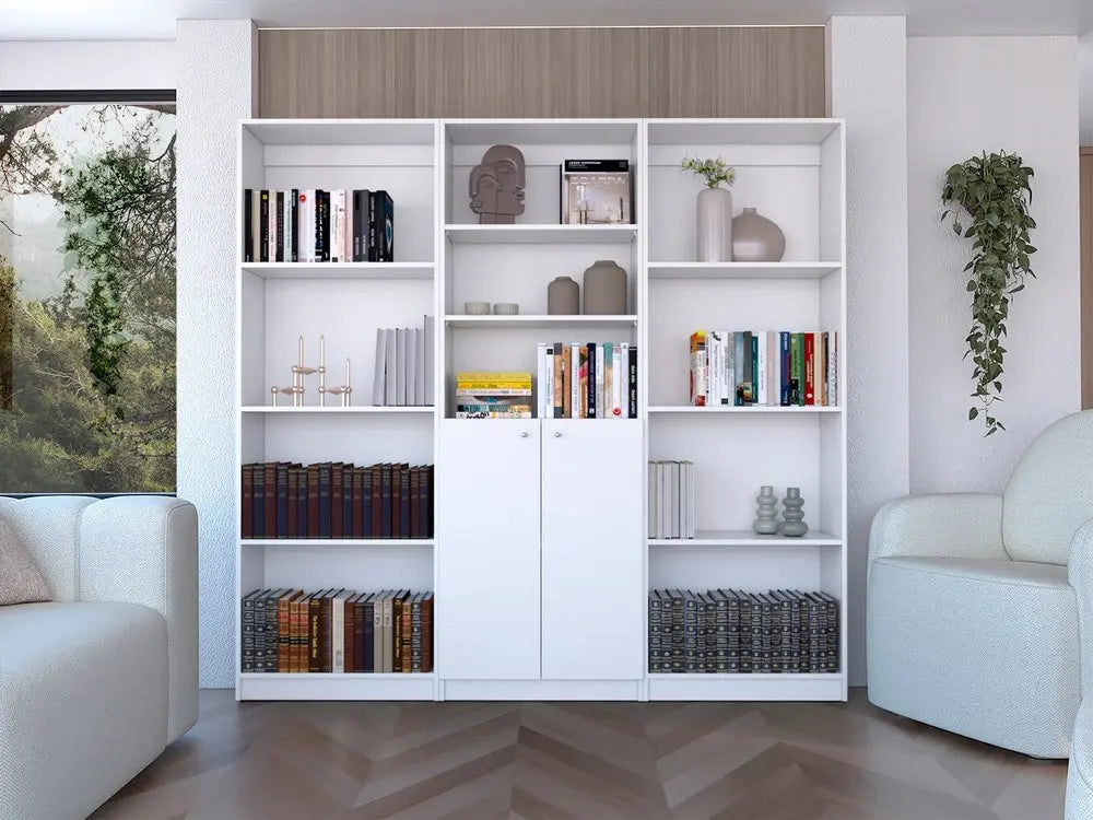 Set of Three White Wood Eleven Tier Modular Bookcase with Two Doors - NOBLE HOME INTERIORS