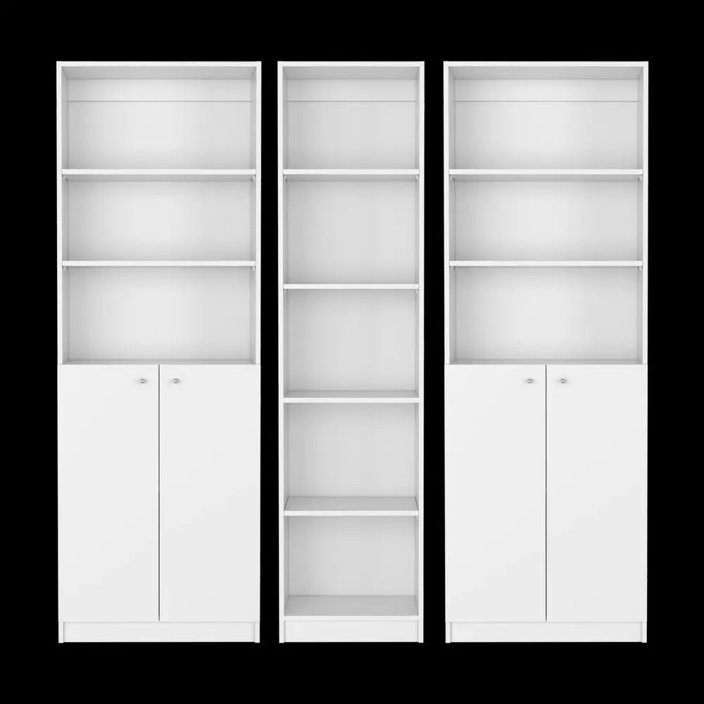 Set of Three White Wood Five Tier Modular Bookcase with Four Doors - NOBLE HOME INTERIORS
