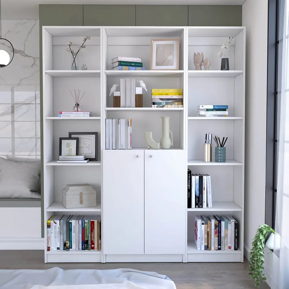 Set of Three White Wood Five Tier Modular Bookcase with Two Doors - NOBLE HOME INTERIORS