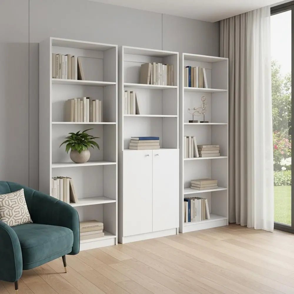 Set of Three White Wood Five Tier Modular Bookcase with Two Doors - NOBLE HOME INTERIORS