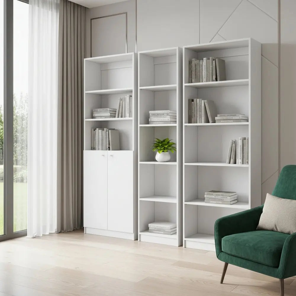 Set of Three White Wood Five Tier Modular Bookcase with Two Doors - NOBLE HOME INTERIORS