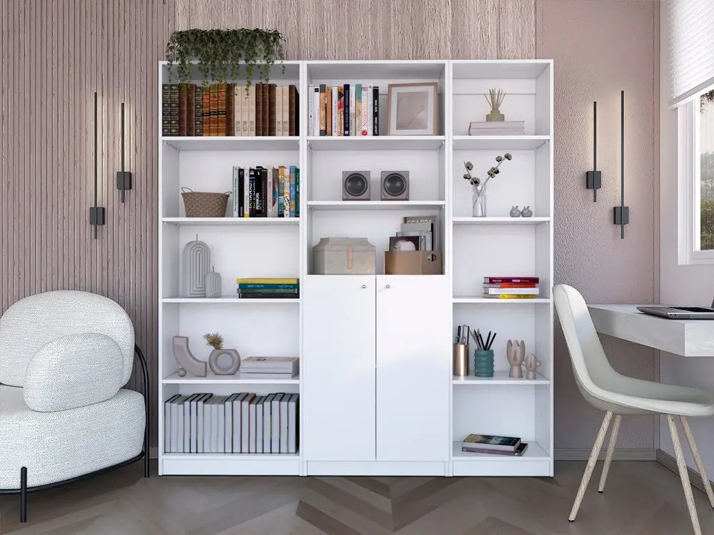 Set of Three White Wood Five Tier Modular Bookcase with Two Doors - NOBLE HOME INTERIORS