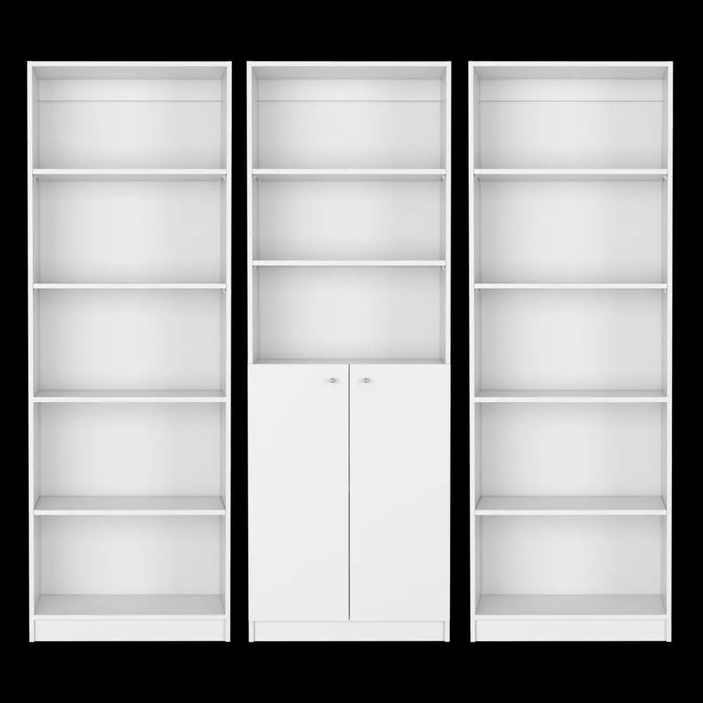 Set of Three White Wood Five Tier Modular Bookcase with Two Doors - NOBLE HOME INTERIORS