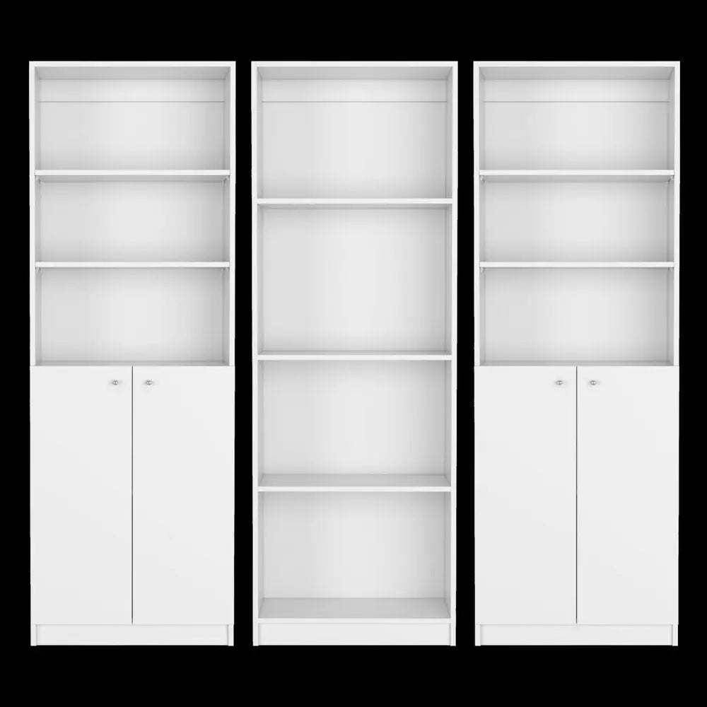 Set of Three White Wood Ten Tier Modular Bookcase with Four Doors - NOBLE HOME INTERIORS