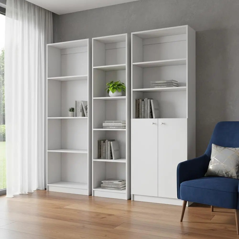 Set of Three White Wood Twelve Tier Modular Bookcase with Two Doors - NOBLE HOME INTERIORS