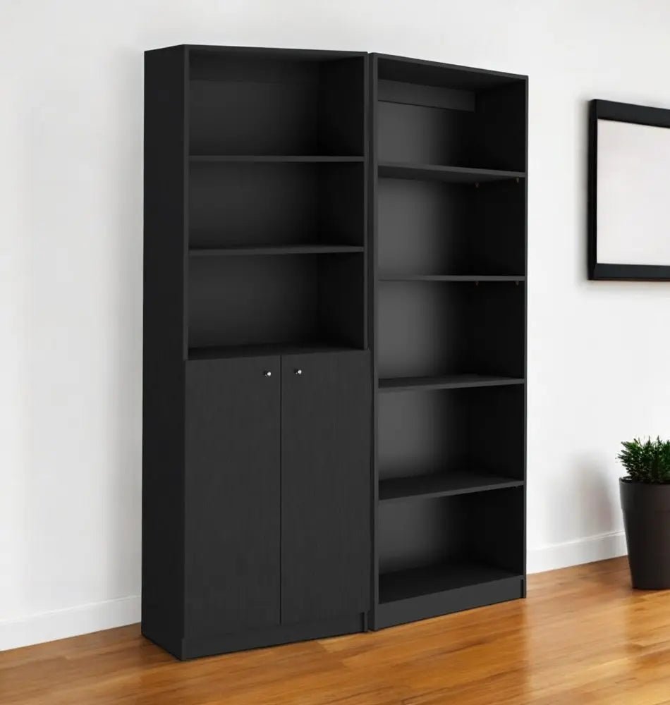 Set of Two 71" Black Five Tier Bookcase With Two Doors - NOBLE HOME INTERIORS