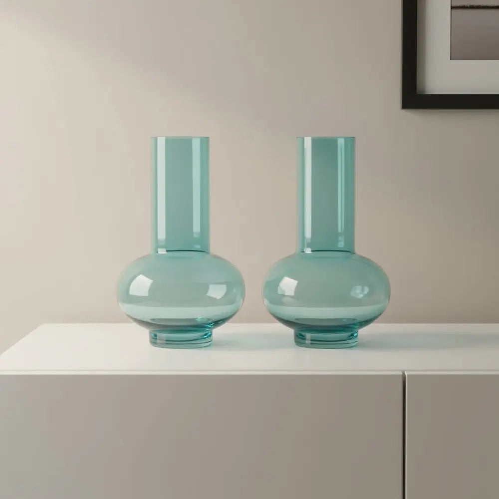 Set of Two Aqua Glass Round Table Vases - NOBLE HOME INTERIORS