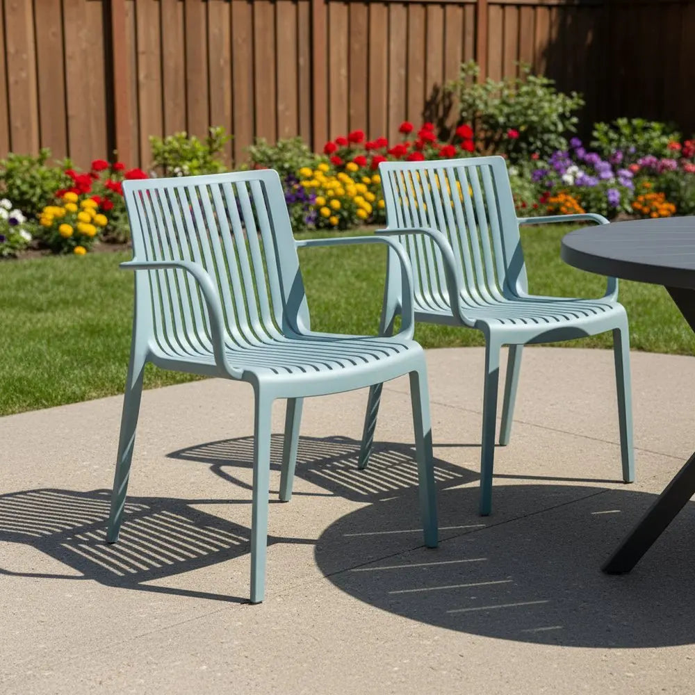 Set of Two Baby Blue Heavy Duty Plastic Outdoor Stacking Arm Chairs - NOBLE HOME INTERIORS