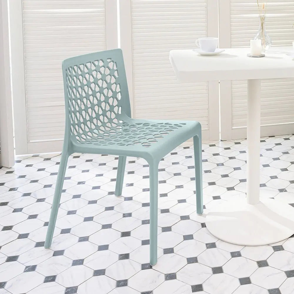 Set of Two Baby Blue Heavy Duty Plastic Outdoor Stacking Dining Chairs - NOBLE HOME INTERIORS