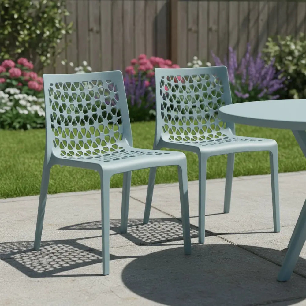Set of Two Baby Blue Heavy Duty Plastic Outdoor Stacking Dining Chairs - NOBLE HOME INTERIORS