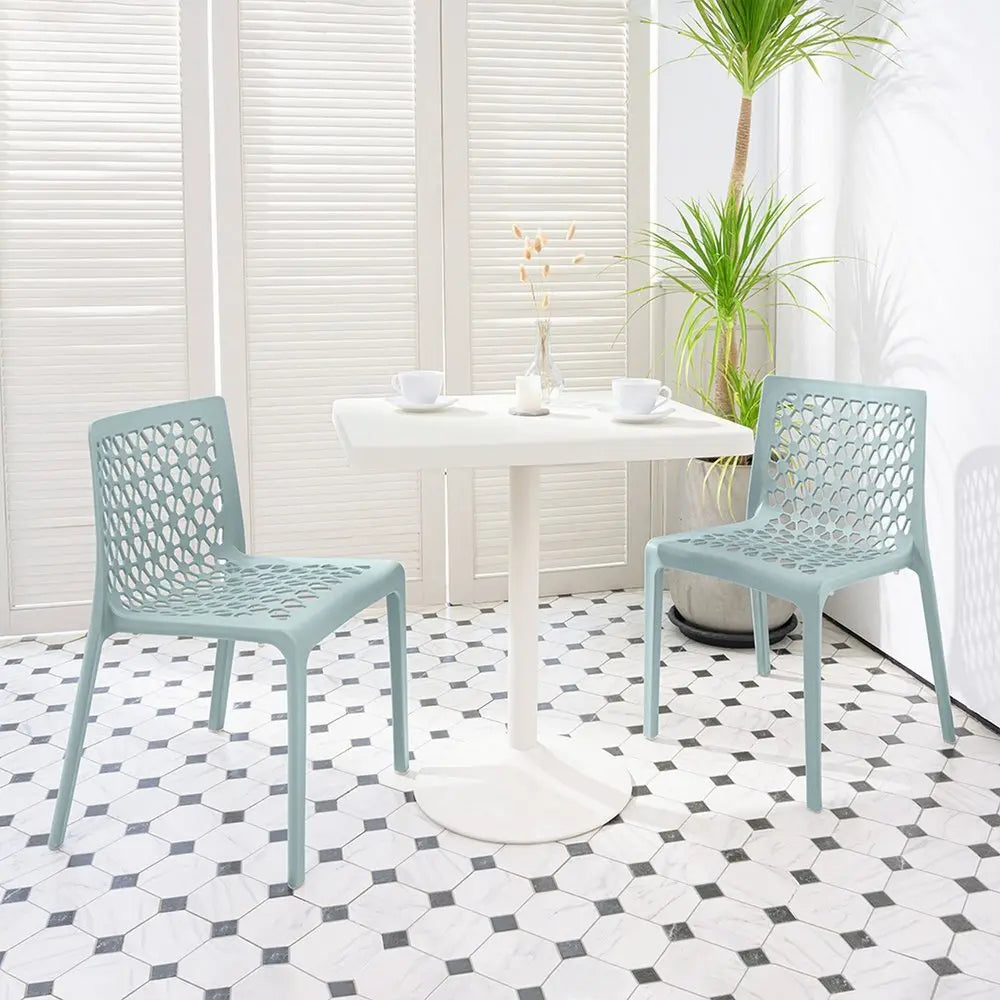Set of Two Baby Blue Heavy Duty Plastic Outdoor Stacking Dining Chairs - NOBLE HOME INTERIORS