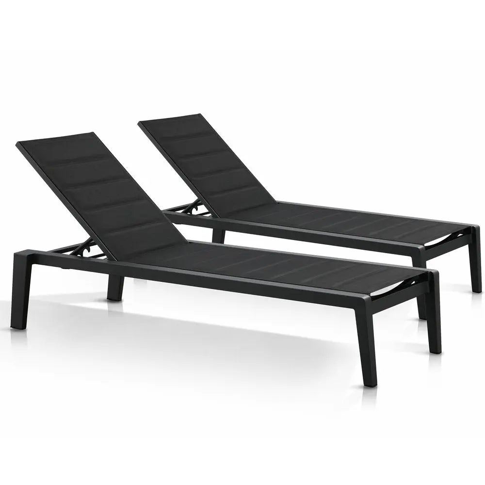 Set of Two Black Aluminum Sling Outdoor Chaise Lounges - NOBLE HOME INTERIORS