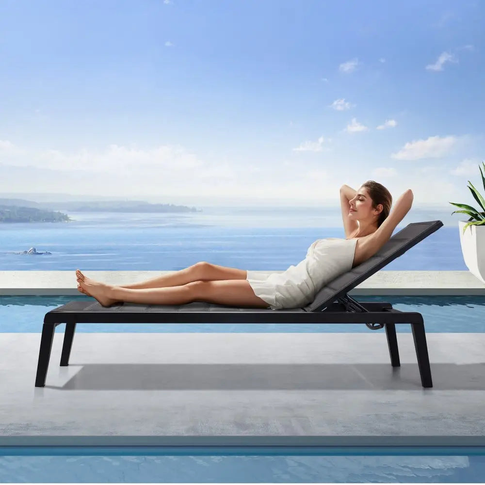 Set of Two Black Aluminum Sling Outdoor Chaise Lounges - NOBLE HOME INTERIORS