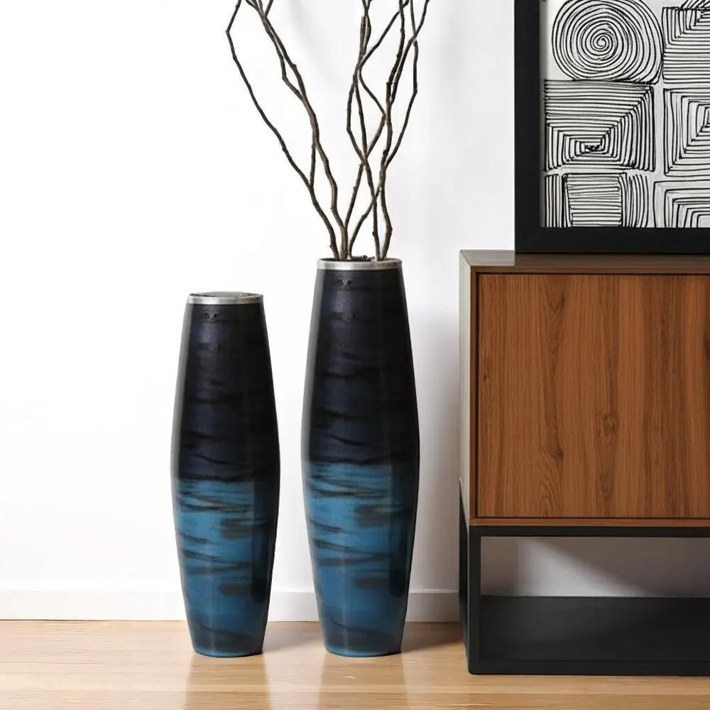 Set of Two Black And Blue Abstract Glass Cylinder Floor Vases - NOBLE HOME INTERIORS