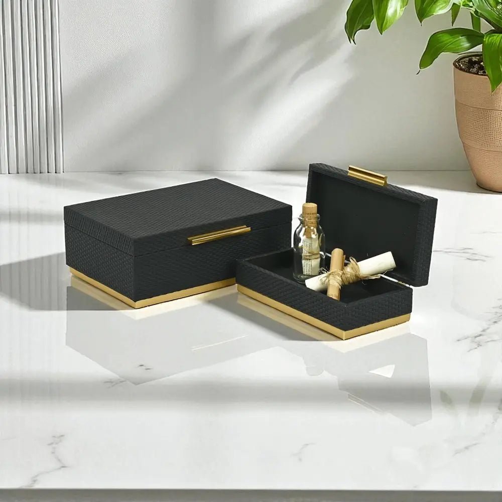 Set of Two Black And Gold Nesting Decorative Storage Boxes With Lids - NOBLE HOME INTERIORS