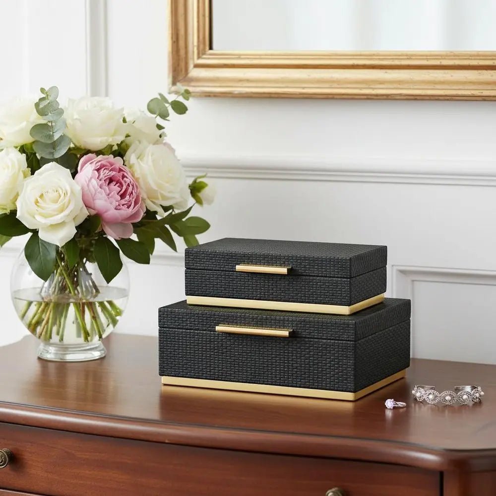 Set of Two Black And Gold Nesting Decorative Storage Boxes With Lids - NOBLE HOME INTERIORS