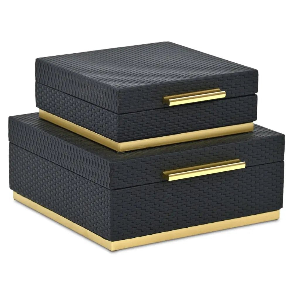 Set of Two Black And Gold Square Nesting Decorative Storage Boxes With Lids - NOBLE HOME INTERIORS