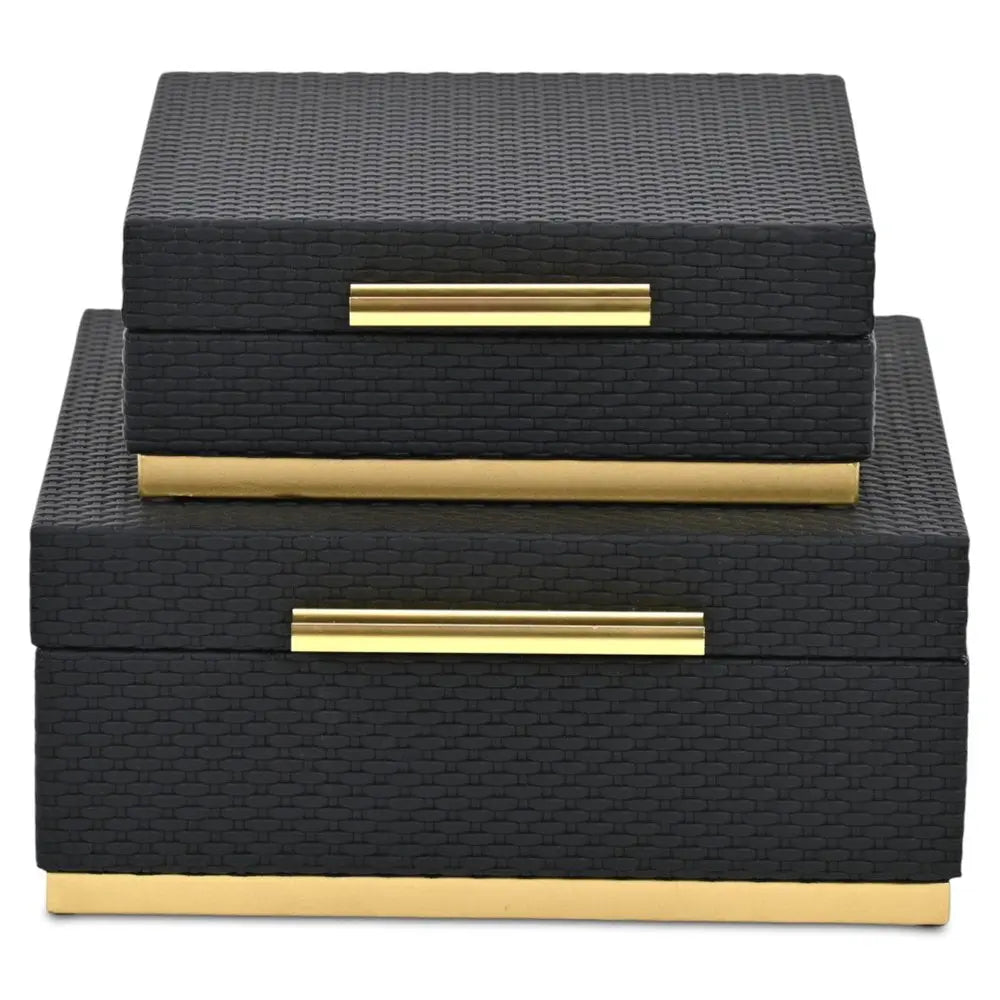 Set of Two Black And Gold Square Nesting Decorative Storage Boxes With Lids - NOBLE HOME INTERIORS