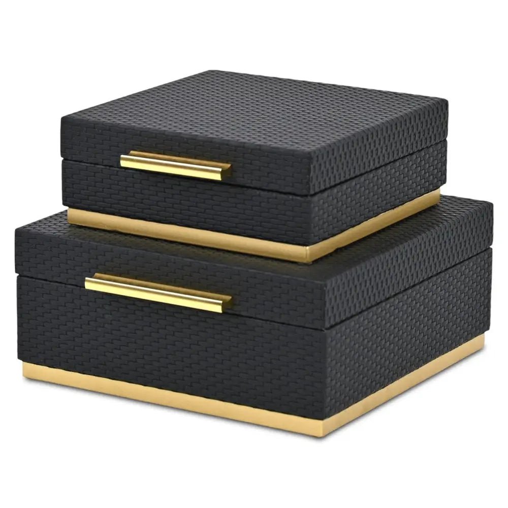 Set of Two Black And Gold Square Nesting Decorative Storage Boxes With Lids - NOBLE HOME INTERIORS