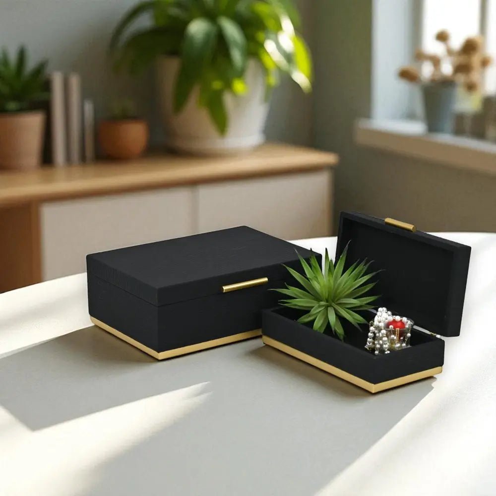Set of Two Black And Gold Striped Nesting Storage Boxes With Lids - NOBLE HOME INTERIORS
