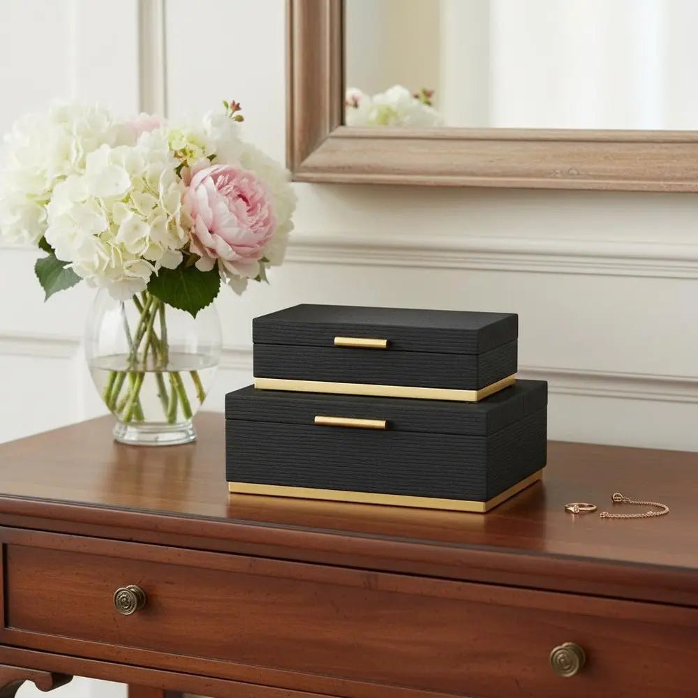 Set of Two Black And Gold Striped Nesting Storage Boxes With Lids - NOBLE HOME INTERIORS