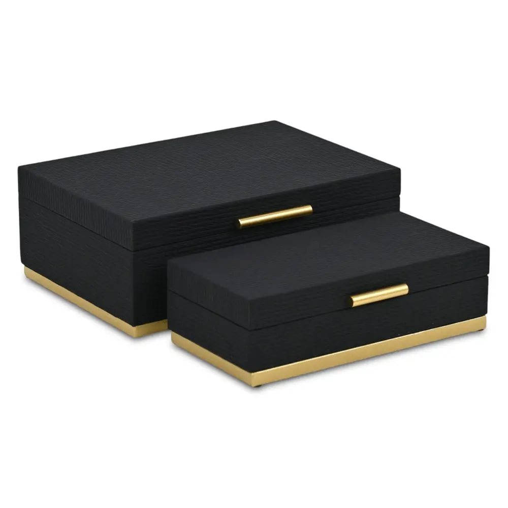 Set of Two Black And Gold Striped Nesting Storage Boxes With Lids - NOBLE HOME INTERIORS