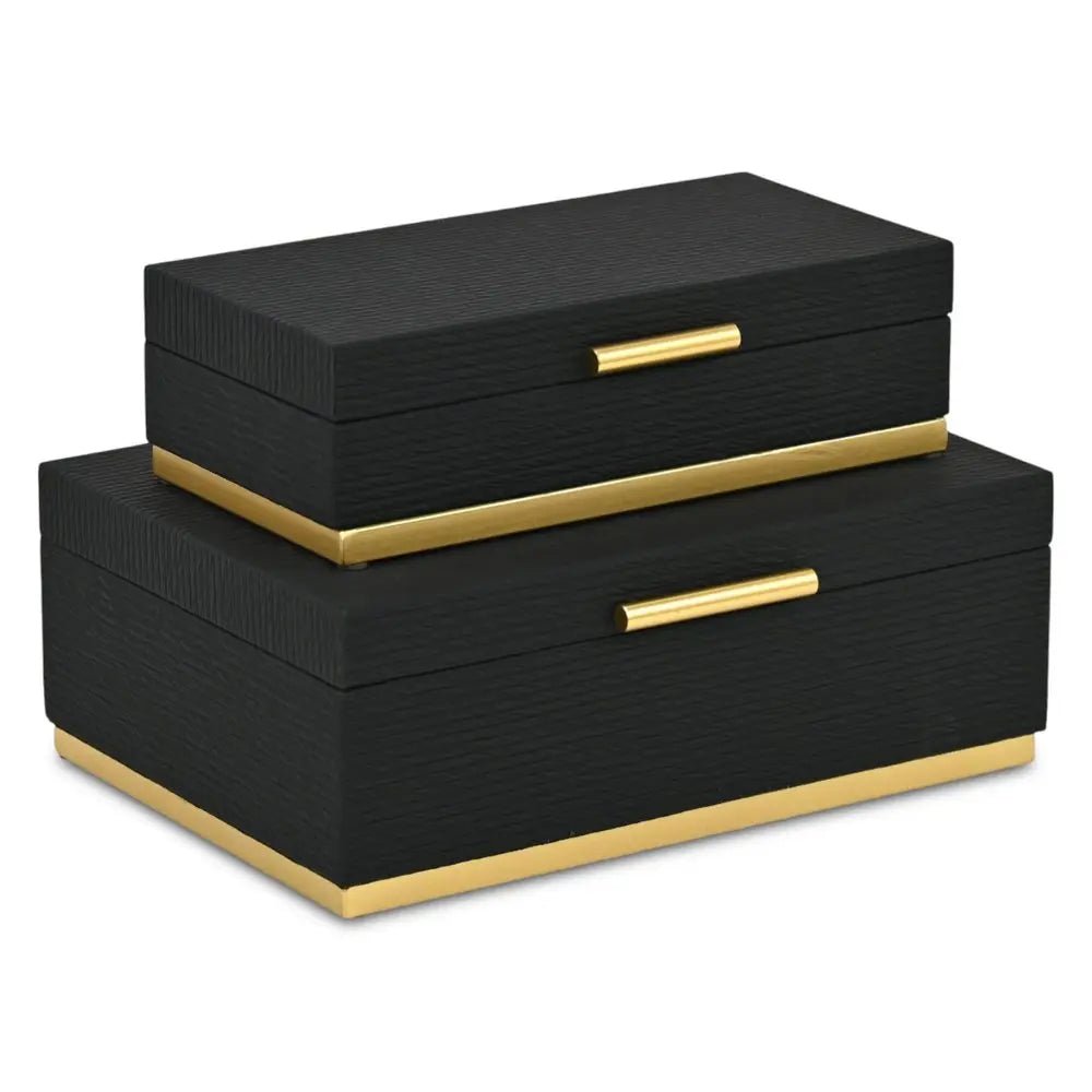 Set of Two Black And Gold Striped Nesting Storage Boxes With Lids - NOBLE HOME INTERIORS