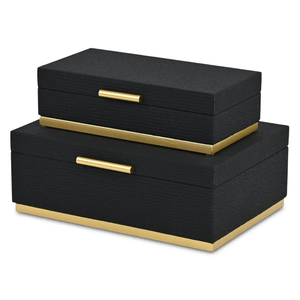 Set of Two Black And Gold Striped Nesting Storage Boxes With Lids - NOBLE HOME INTERIORS