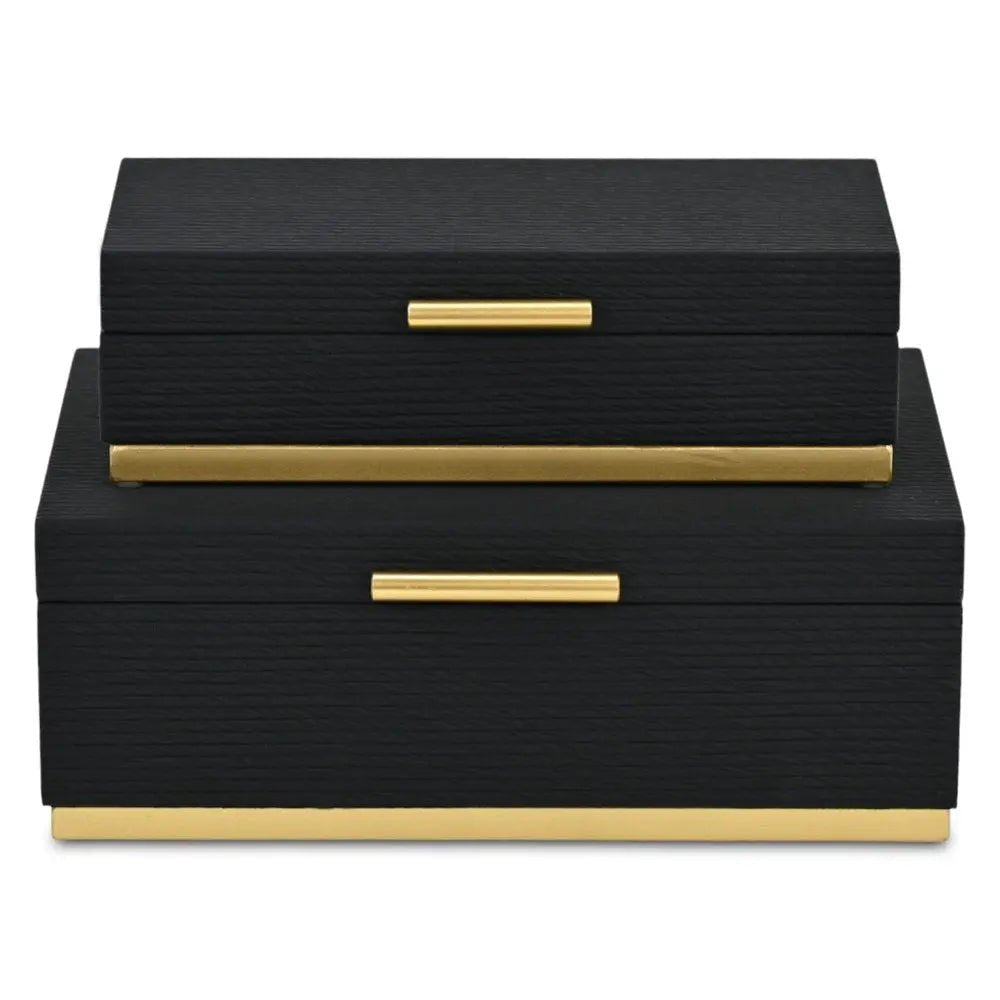 Set of Two Black And Gold Striped Nesting Storage Boxes With Lids - NOBLE HOME INTERIORS