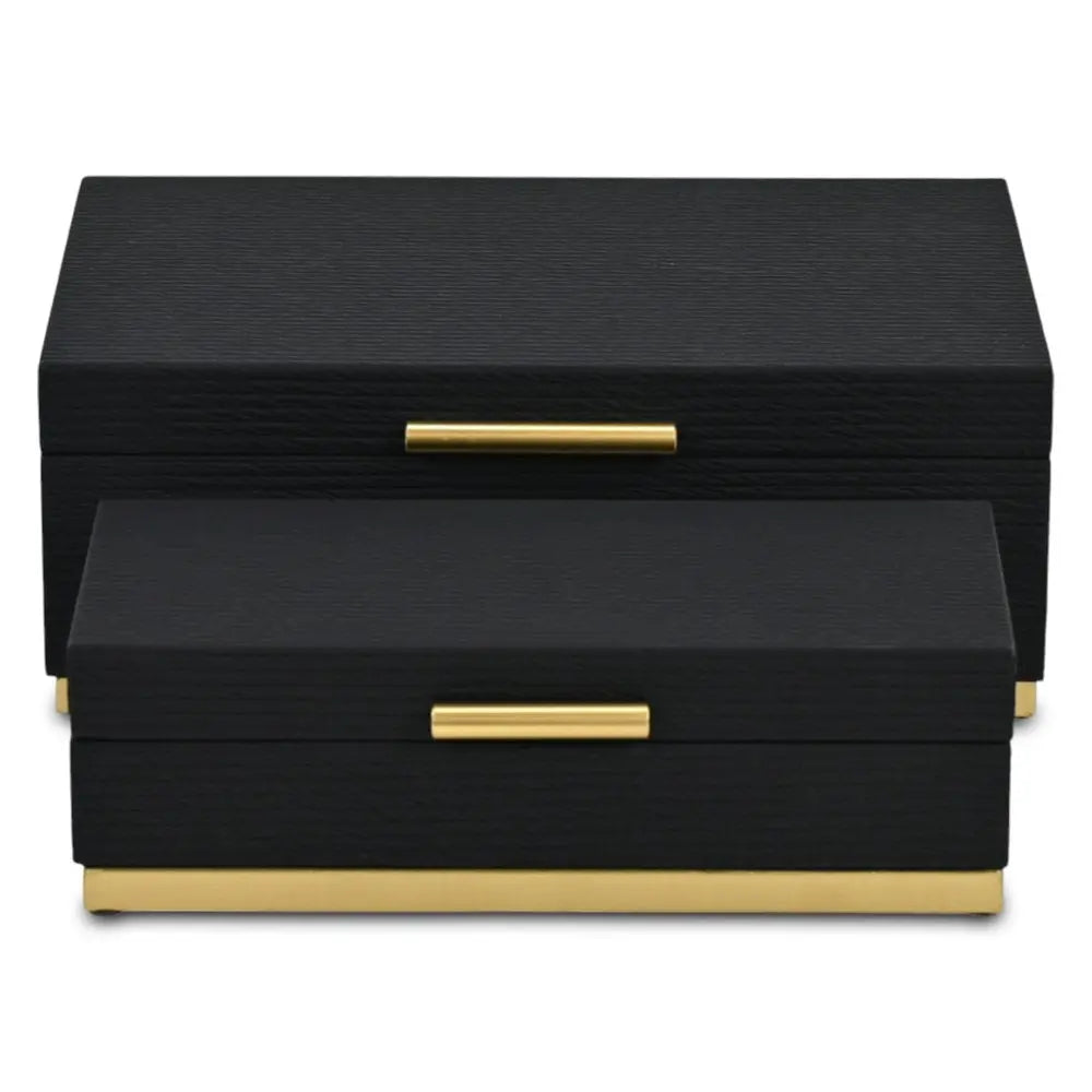 Set of Two Black And Gold Striped Nesting Storage Boxes With Lids - NOBLE HOME INTERIORS
