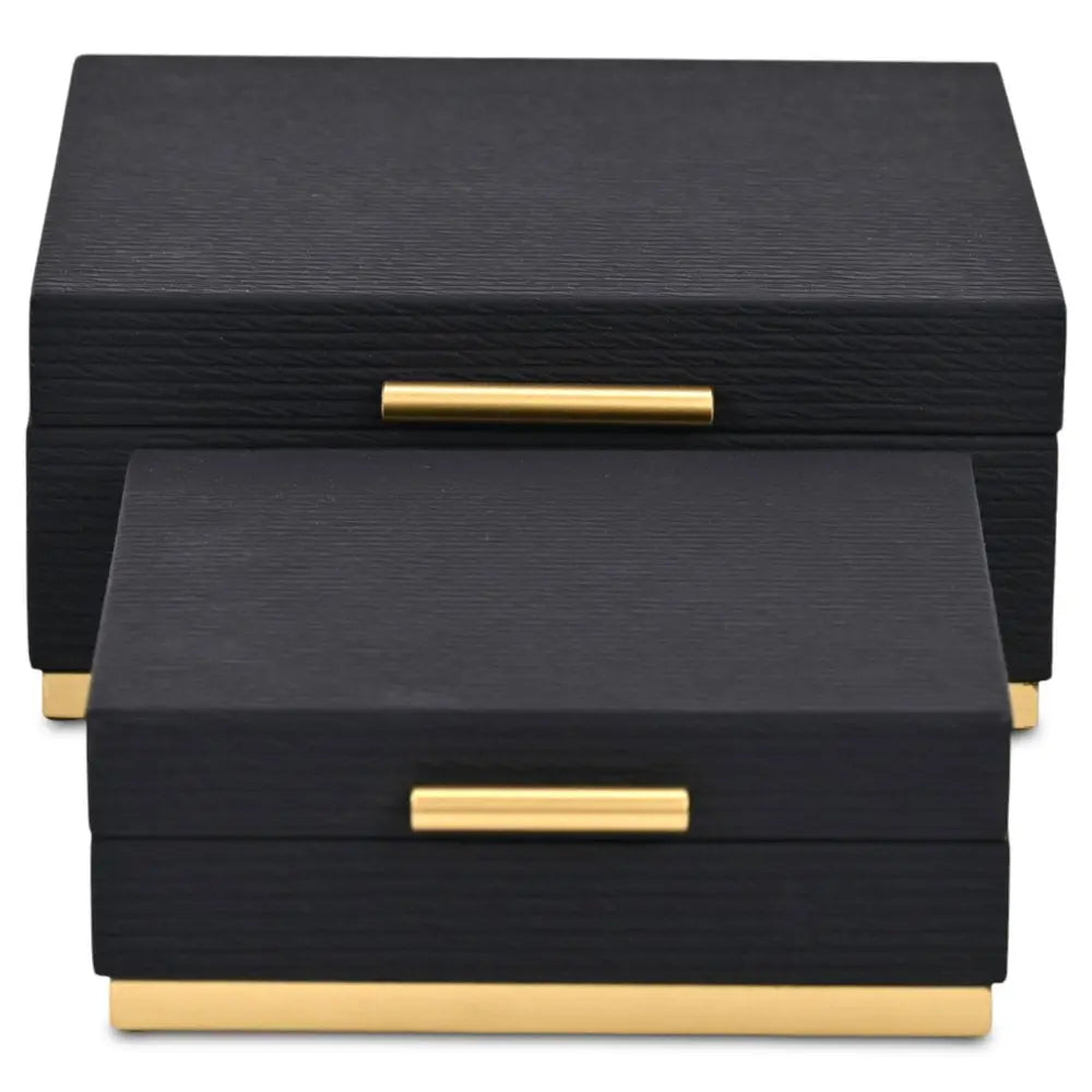 Set of Two Black And Gold Striped Square Nesting Storage Boxes With Lids - NOBLE HOME INTERIORS