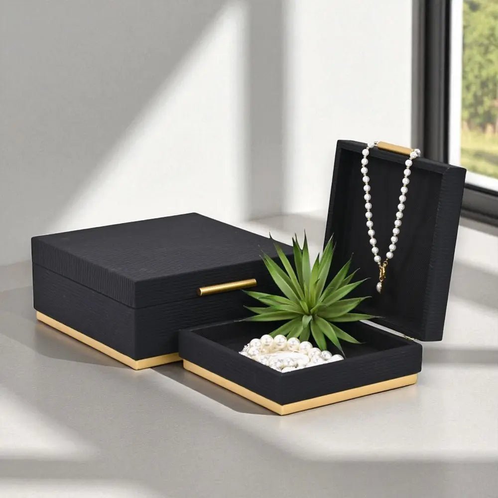 Set of Two Black And Gold Striped Square Nesting Storage Boxes With Lids - NOBLE HOME INTERIORS