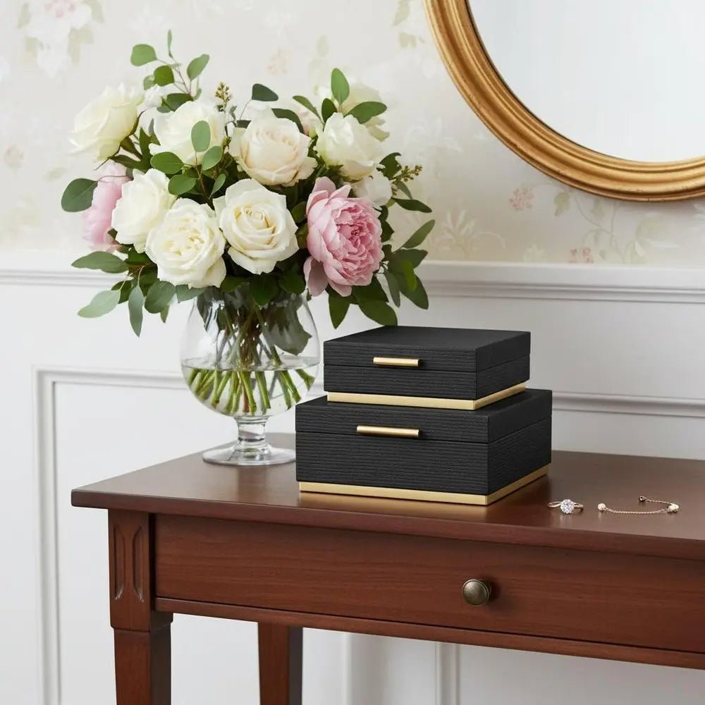 Set of Two Black And Gold Striped Square Nesting Storage Boxes With Lids - NOBLE HOME INTERIORS
