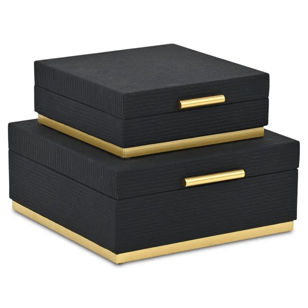 Set of Two Black And Gold Striped Square Nesting Storage Boxes With Lids - NOBLE HOME INTERIORS