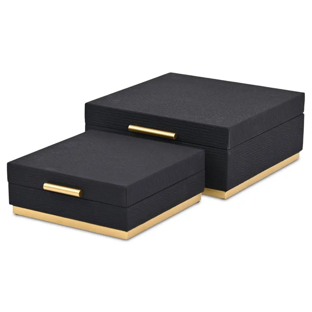 Set of Two Black And Gold Striped Square Nesting Storage Boxes With Lids - NOBLE HOME INTERIORS