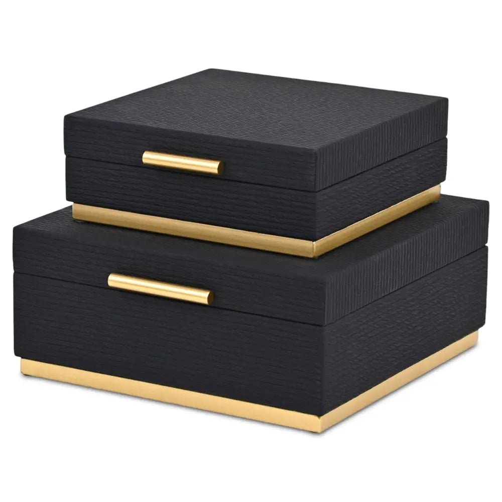 Set of Two Black And Gold Striped Square Nesting Storage Boxes With Lids - NOBLE HOME INTERIORS