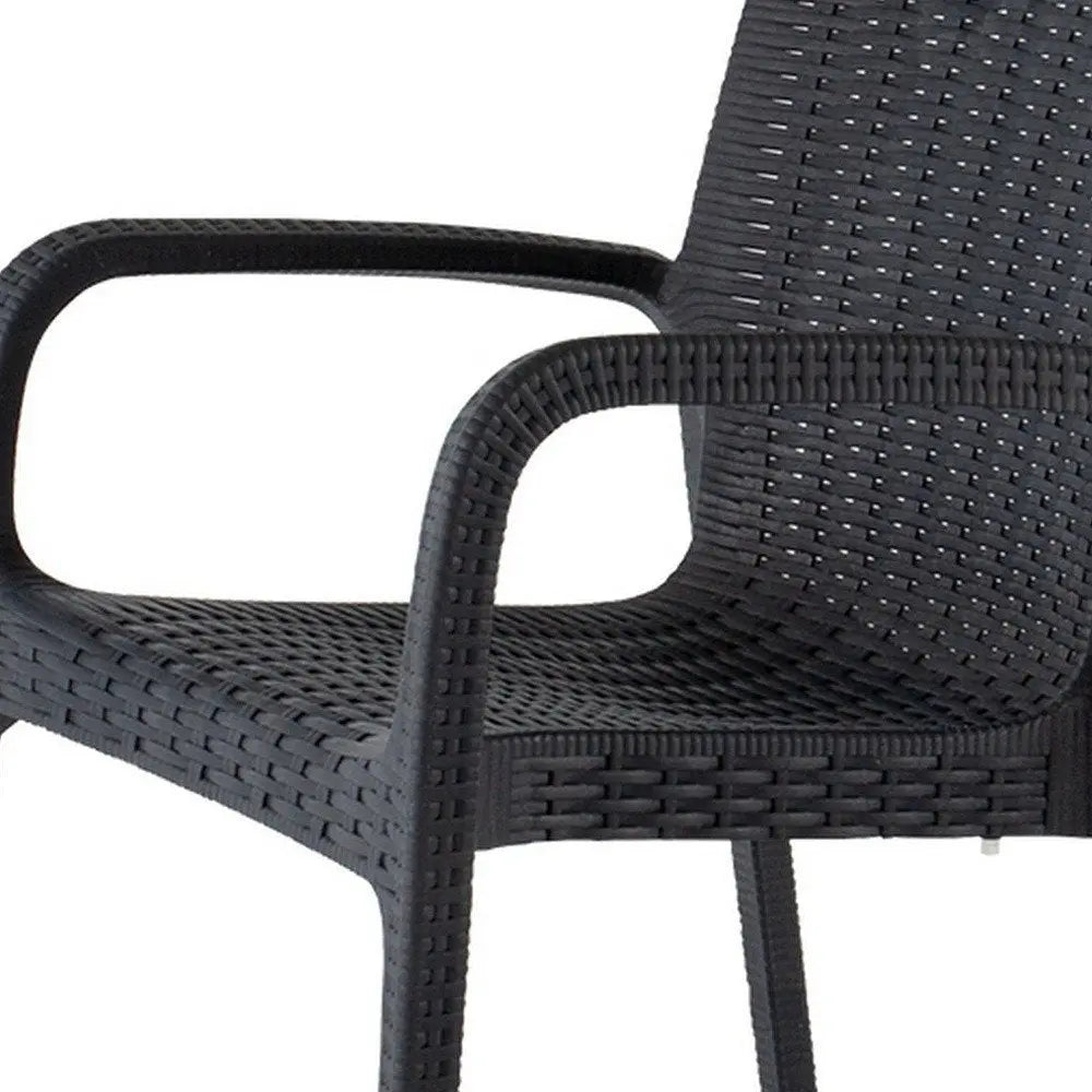 Set of Two Black Faux Rattan Heavy Duty Plastic Outdoor Stacking Arm Chairs - NOBLE HOME INTERIORS