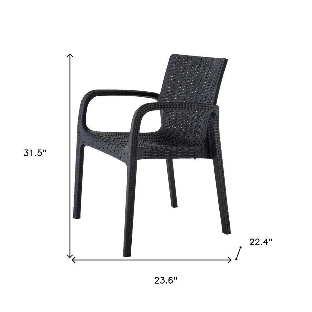 Set of Two Black Faux Rattan Heavy Duty Plastic Outdoor Stacking Arm Chairs - NOBLE HOME INTERIORS